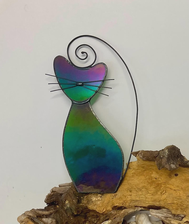 Stained Glass Cat Suncatcher • Cat Lover Gift • Handmade Window Hanging • Pet Memorial Iridescent Green Cat