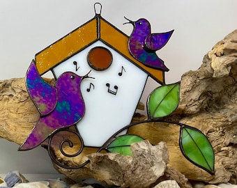 Stained Glass Birdhouse Suncatcher • Songbird Suncatcher • Blue Bird Suncatcher • Bird Lover Gift