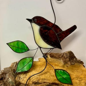 Stained Glass Wren Suncatcher • Handmade Window Hanging • Tiffany Garden Bird Decor • British Wildlife Gift