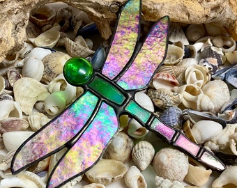 Stained Glass Green Dragonfly Suncatcher • Handmade Window Hanging