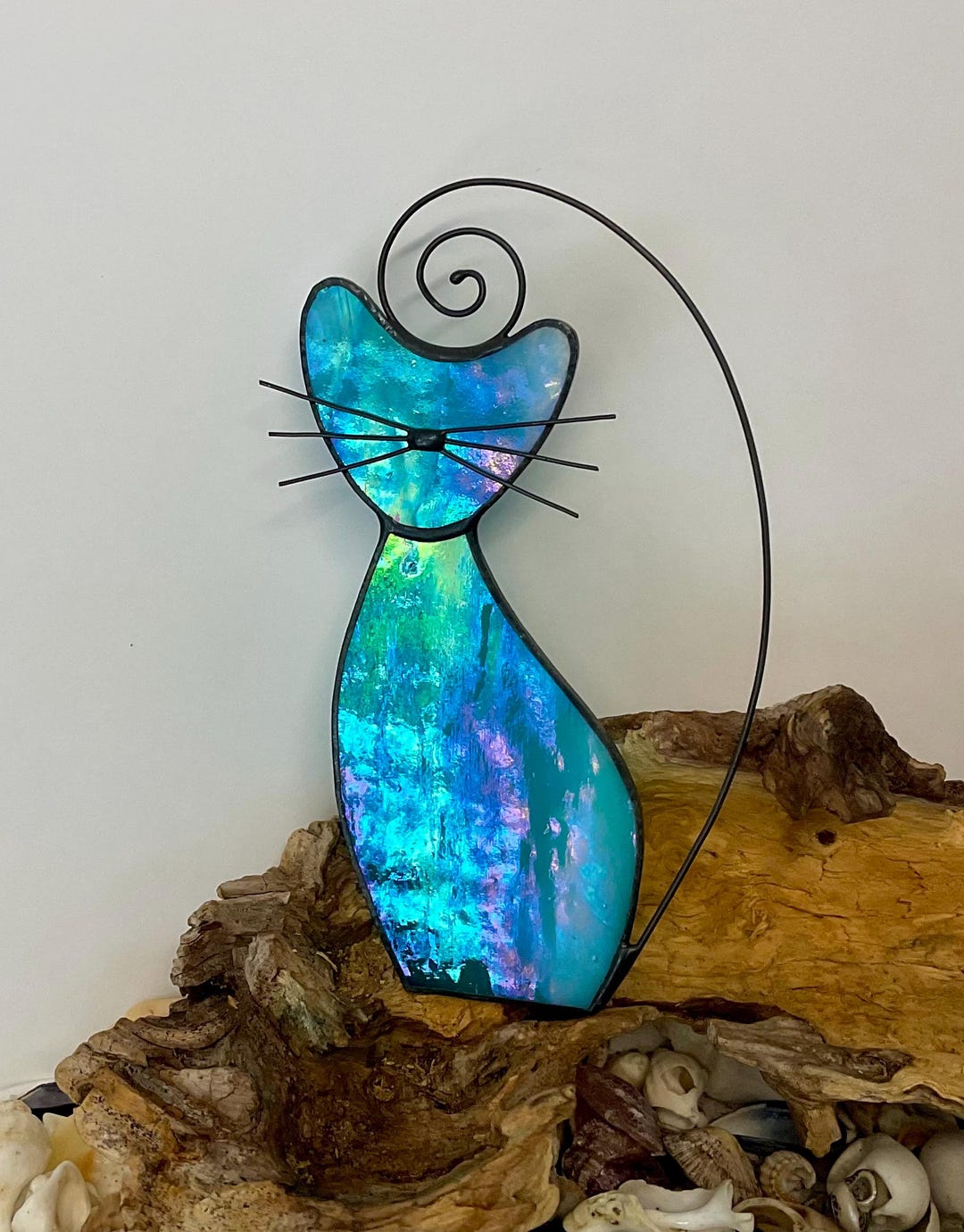 Stained Glass Cat Suncatcher • Handmade • Iridescent Turqoise Window ...