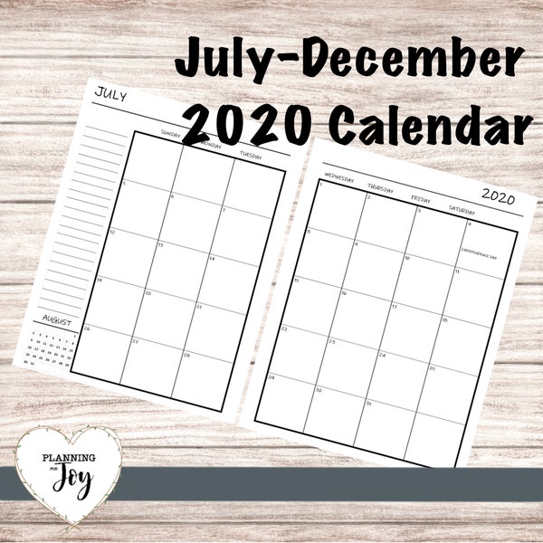 July-December 2020 Monthly Calendars
