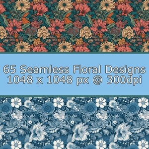May include: 65 seamless floral designs, 1048 x 1048 pixels at 300 dpi. The top design features a variety of flowers in shades of red, pink, yellow, and blue on a dark green background. The bottom design features a variety of flowers in shades of blue and white on a dark blue background.
