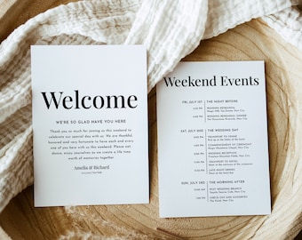 Weekend Itinerary Template, Printable Wedding Welcome Note, Schedule of Events Card, Modern Minimalist, Wedding Weekend Timeline, WN30c