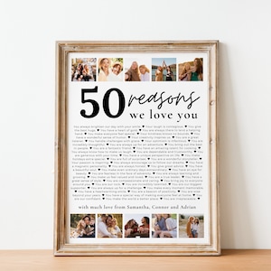 50 powodów, dla których Cię kochamy, spersonalizowany kolaż zdjęć, w pełni edytowalny szablon, 50. rocznica ślubu mamy, 50 rzeczy o urodzinach taty, Canva