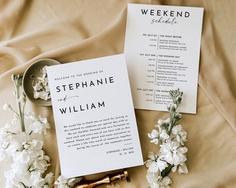 Weekend Itinerary Template, Printable Wedding Welcome Note, Schedule of Events Card, Modern Minimalist, Wedding Weekend Timeline, WN26c