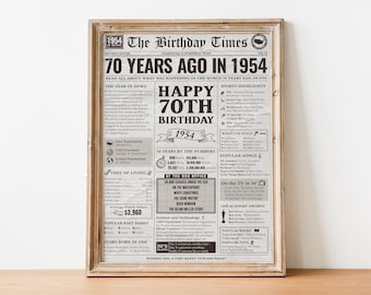 70th Birthday Newspaper Poster, Printable 70th Birthday Party Decor ...