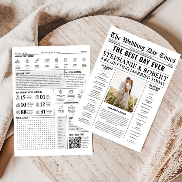 Newspaper Wedding Program Template, Editable Wedding Newspaper Program, Printable Wedding Infographic, Folded Wedding Day Program WN12