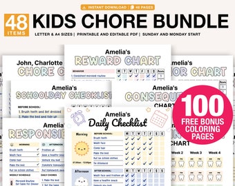 Editable Kids Chore Charts, Reward, Allowance, Screen time, School Routine, Behavior Chart, Consequences, Daily Checklist, Weekly Chores 5