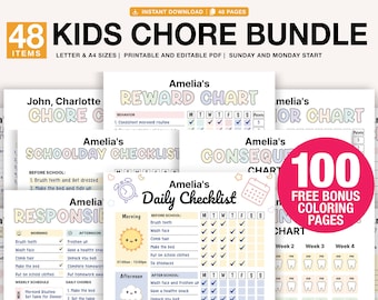 Editable Kids Chore Charts, Reward, Allowance, Screen time, School Routine, Behavior Chart, Consequences, Daily Checklist, Weekly Chores 5