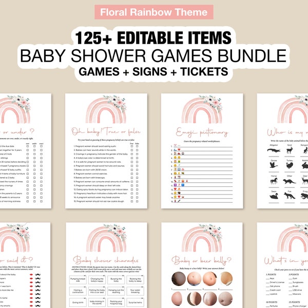 Blush pink Rainbow Baby Shower Games Bundle, Editable Baby shower games, Rainbow baby shower games template, rainbow baby shower BAB087