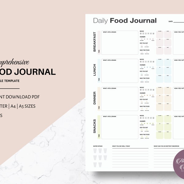 Daily food journal, Food Diary , Food tracker , Diet diary , Food journal , Food log , Food diary printable , Meal planner printable