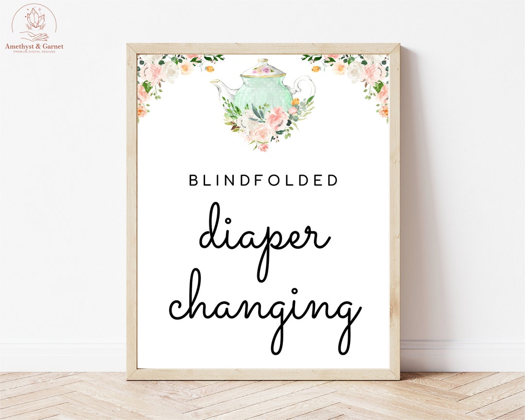 Blindfolded Diaper Game, Blush Floral Tea Party, Baby Shower Sign, Baby