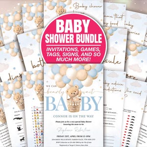 Editable Bear Balloon Baby Shower Games Bundle, Blue We Can Bearly Wait Baby Shower Game Pack, Boy Boho Bear Baby Shower Template BAB096