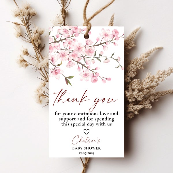 Cherry blossom thank you gift tag, editable spring pink japanese sakura flower baby shower favor tag, instant download BAB051