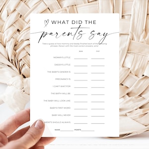 Voltooi de zin van mama's papa's babyshowerspel Afdrukbare gamekaart Genderneutrale babyshoweractiviteit Voltooi haar zinsspel CANVA-C1005