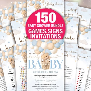 Editable Bear Balloon Baby Shower Games Bundle, Blue We Can Bearly Wait Baby Shower Game Pack, Boy Boho Bear Baby Shower Template BAB096