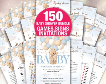 Editable Bear Balloon Baby Shower Games Bundle, Blue We Can Bearly Wait Baby Shower Game Pack, Boy Boho Bear Baby Shower Template BAB096