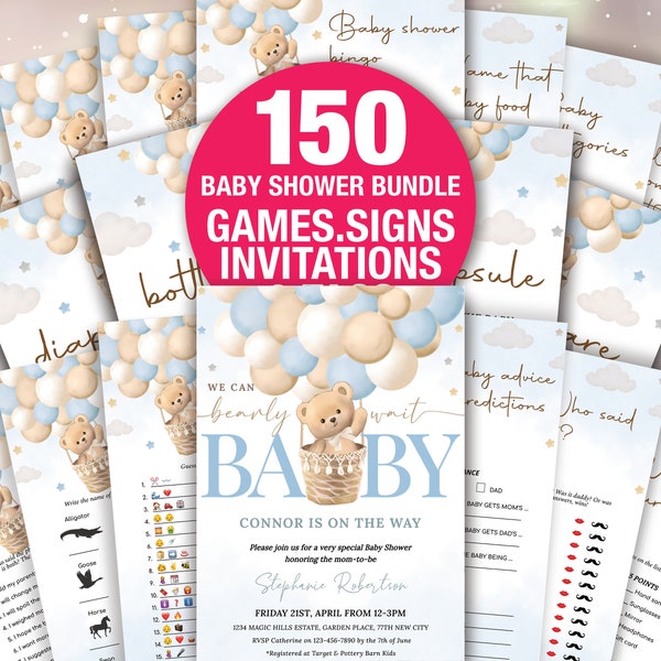 Editable Bear Balloon Baby Shower Games Bundle, Blue We Can Bearly Wait Baby Shower Game Pack, Boy Boho Bear Baby Shower Template BAB096