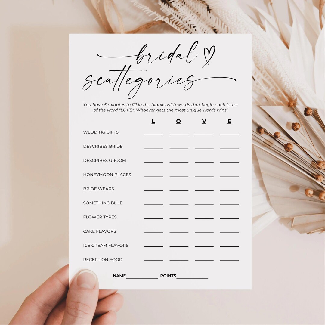Bridal Shower Scattergories Template, Minimalist Bridal Shower Games ...