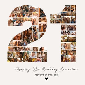 Colagem de fotos de 21º aniversário, presente de 21º aniversário, número de aniversário 21 para impressão, modelo de colagem de fotos de 21º, aniversário de 21º editável, PC01