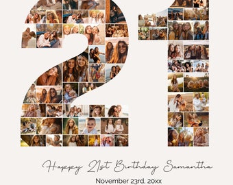 21st Birthday Photo Collage, 21st Birthday Gift, Birthday Number 21 Printable, 21st Photo Collage Template, Editable 21st Birthday, PC01