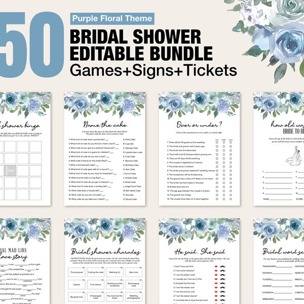 Blue floral Bridal Shower Games, Wedding Shower Games, Printable Bachelorette Shower Games Editable Bridal Party greenery flower floral