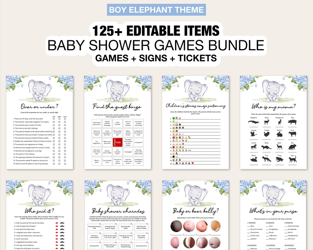 Elephant Boy Baby Shower Games Printable Game Bundle Blue Elephant Boy ...