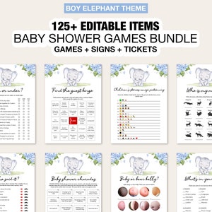 Elephant boy Baby Shower Games Printable Game Bundle blue Elephant boy Baby Shower Games blue Floral Activities Package Instant BAB020
