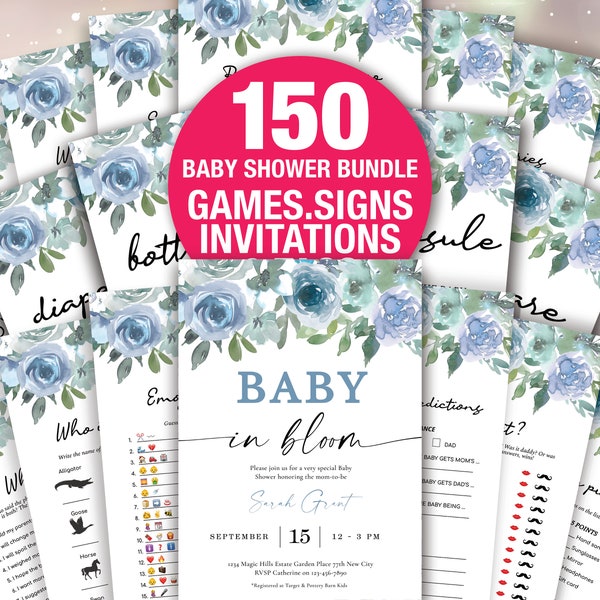 Blue floral lush Baby Shower Game Bundle, Oh Baby Tropical Baby Shower Games, Aqua dusty Baby Shower, Gender Neutral Games BAB015