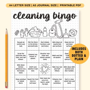 Bingopagina schoonmaken, BUJO schoonmaken, Cleantris afdrukbaar Bullet Journal, afdrukbaar productiviteitsdagboek, BUJO, afdrukbaar schoonmaaktracker