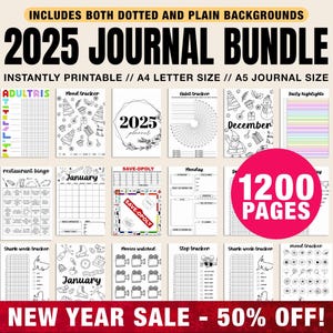 2025 Premium Bullet Journal Bundle: 1200+ Printable Pages with Habit Trackers, Planners, Mood Trackers, Self-Care, US Letter Size, A4,A5