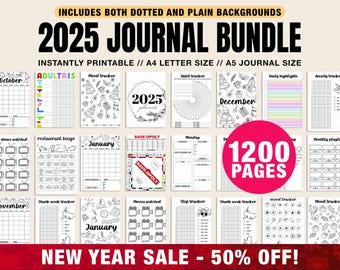 2025 Premium Bullet Journal Bundle: 1200+ Printable Pages with Habit Trackers, Planners, Mood Trackers, Self-Care, US Letter Size, A4,A5