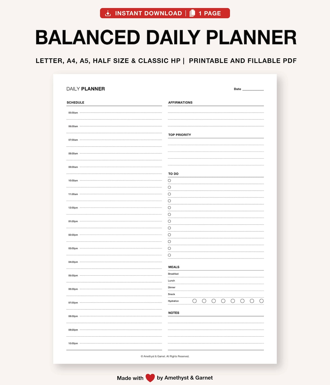 Daily Hourly Planner Printable, Work Daily Planner, Productivity ...