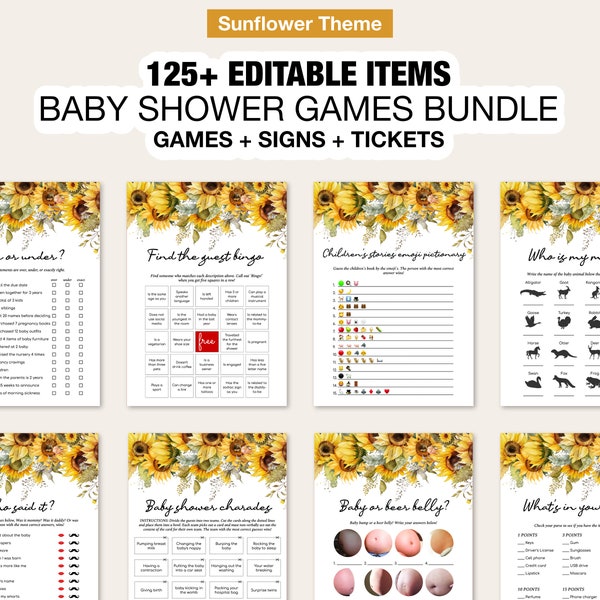 Sunflower floral yellow Baby Shower Game Bundle, Girl Rustic Sunflower Baby Shower Games, Boho Sunflower Baby Shower Game Pack,Baby BAB016 N