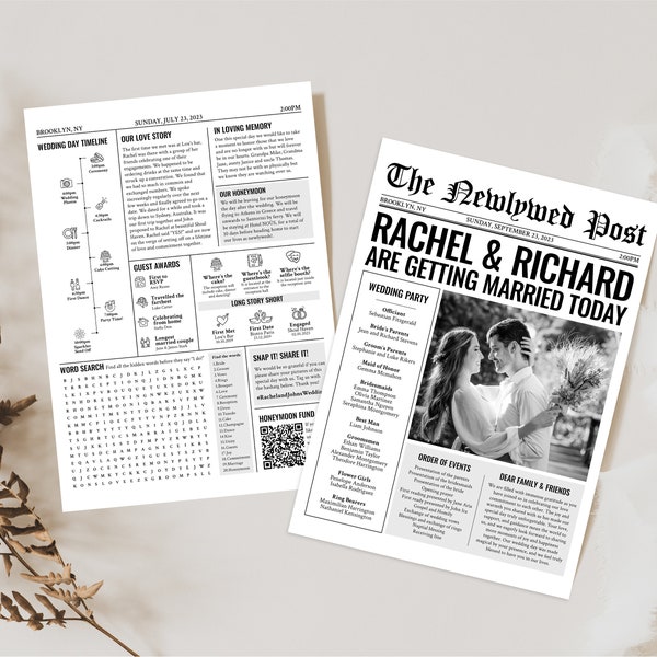 Newspaper Wedding Program Template, Editable Wedding Newspaper Program, Printable Wedding Infographic, Folded Wedding Day Program, WN05