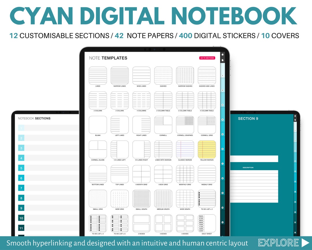 Cyan Digital Notebook, Hyperlinked Tabs, Bullet Journal, Journalling