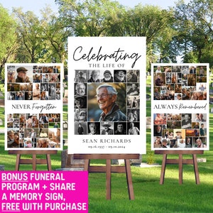 Modelli di set di cartelli per collage di foto funebri, modello di cartello di benvenuto per funerali, celebrazione della vita, in memoria amorevole, programma di poster commemorativi FC01