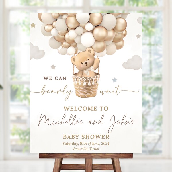 Editable Gender Neutral Bear Baby Shower Welcome Sign, We Can Bearly Wait Baby Shower Poster, Brown Boho Bear Baby Shower Decor,  BAB095