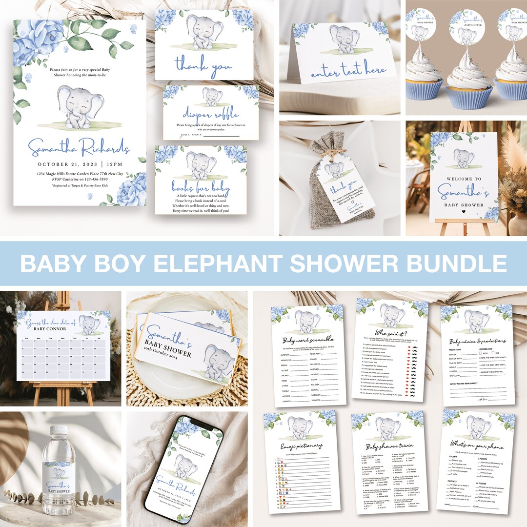 Elephant Boy Baby Shower Games Printable Game Bundle Blue Elephant Boy ...