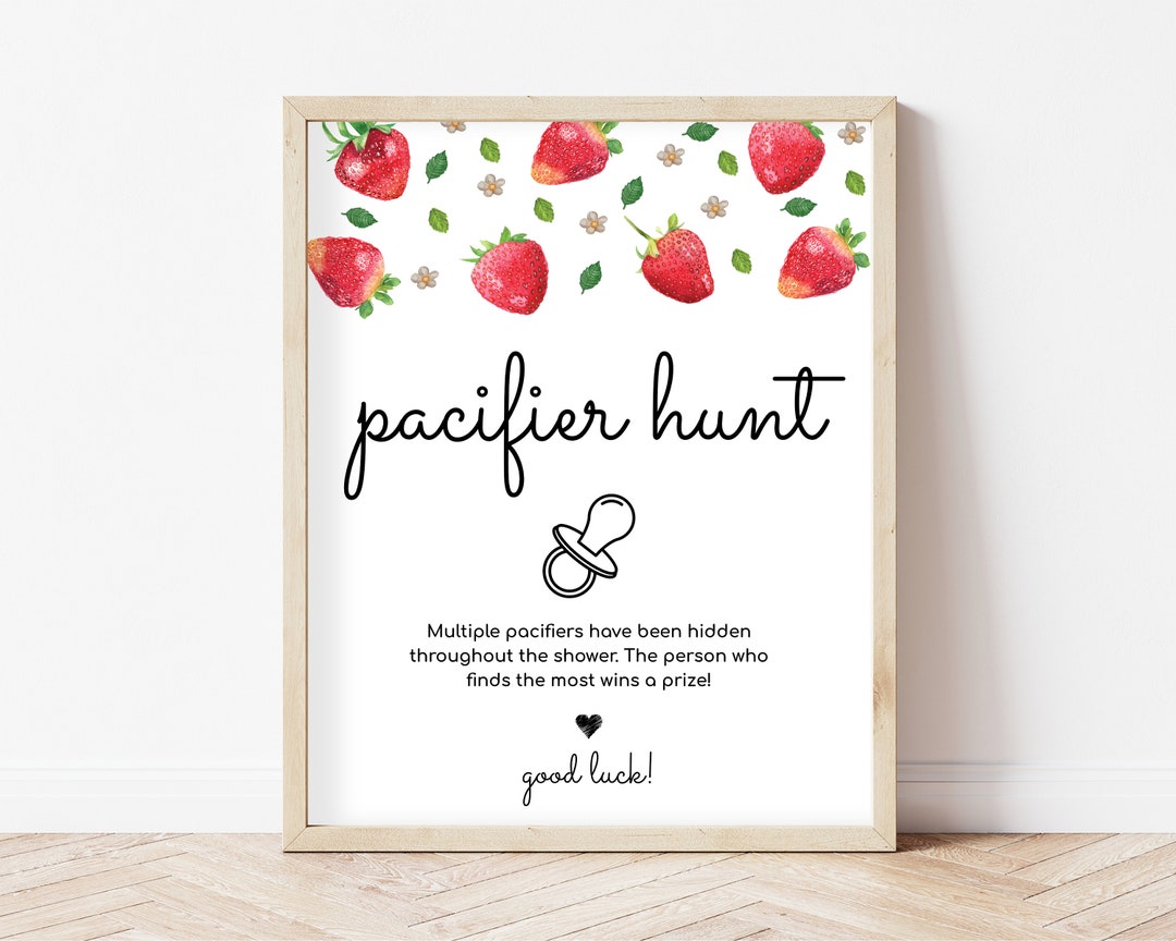 Pacifier Hunt Sign Strawberry Baby Shower Game, Printable Baby Shower ...