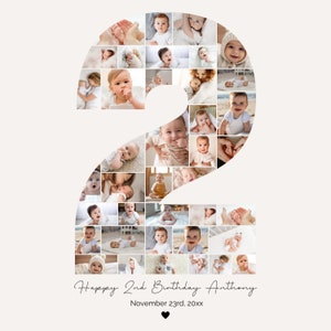 Modello di collage fotografico per il 2° compleanno, cartello per la pietra miliare della foto del 2° compleanno, numero 2, modello di poster fotografico modificabile per il 2° compleanno, PC01