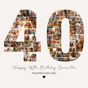 Modèle de collage photo 40e anniversaire, cadeau 40e anniversaire personnalisé pour elle, pour lui, collage numéro 40, cadeau de famille, cadeau d'anniversaire PC01