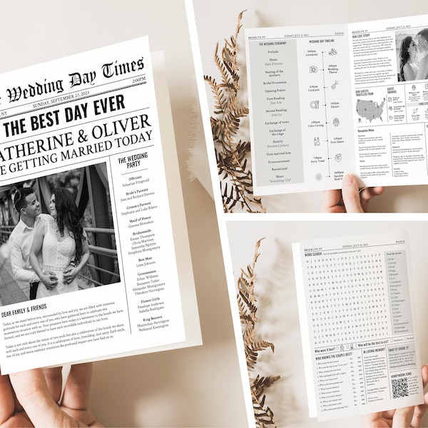 Newspaper Wedding Program Template, Editable Wedding Newspaper Program, Printable Wedding Infographic, Folded Wedding Day Program, WN20