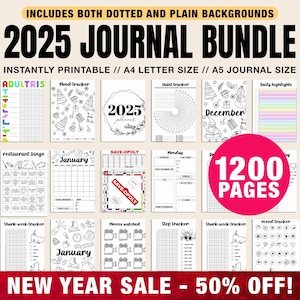 2025 Premium Bullet Journal Bundle: 1200+ Printable Pages with Habit Trackers, Planners, Mood Trackers, Self-Care, US Letter Size, A4,A5