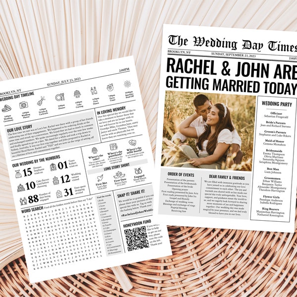 Newspaper Wedding Program Template, Editable Wedding Newspaper Program, Printable Wedding Infographic, Folded Wedding Day Program, WN14