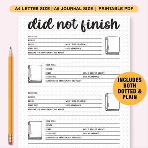 Did Not Finish Reading DNF Abandoned Tracker Journal Printable Page Book Journal Page Book Tracker Reading Tracker DNF List Reading Log