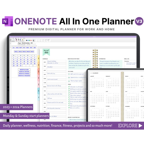 OneNote Digital Planner 2023 2024 ipad windows Samsung, Diario digitale, pianificatore giornaliero pianificatore digitale Datato con collegamento ipertestuale settimanale mensile