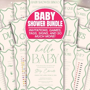 Sage Green Wavy Border Baby Shower Mega Bundle Retro Wave Invitation Welcome Sign Games Predictions Advice Diaper Books Editable BAB108b
