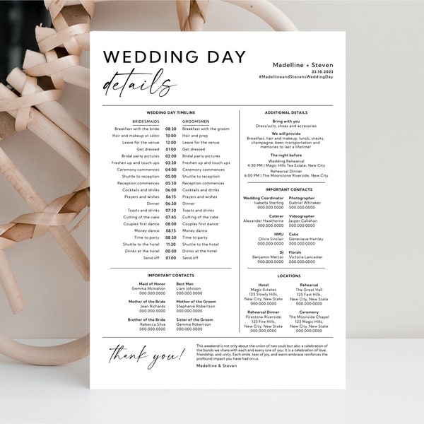 Wedding Party Timeline Day of Wedding Timeline Schedule Editable Wedding Day Template Bridal Party Schedule Instant Download, WN15